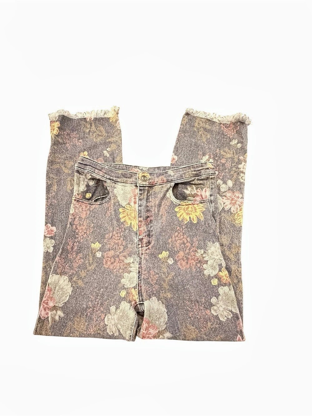 Oli & Hali Floral Crop Flare Jeans Womens Small Dark Washed Raw Hem Boho 70s New